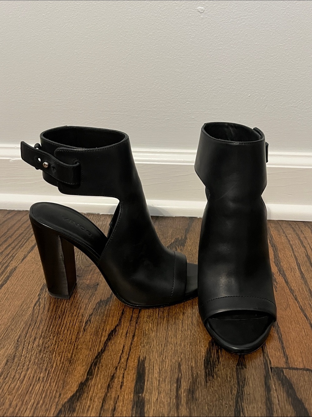 Vince Black Open-Toe Ankle Booties with Buckle Strap
